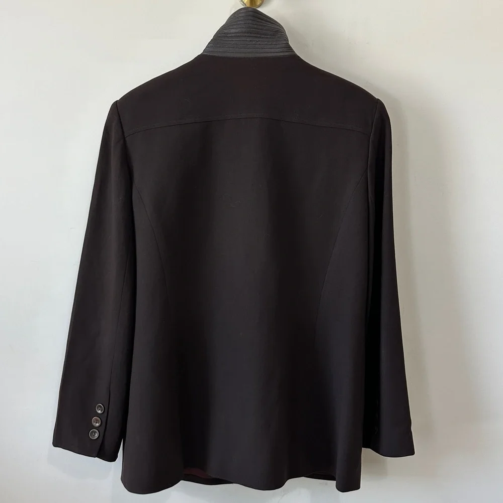 Vintage Brown Wool & Leather Contrast Blazer Jacket By Oscar De La Renta Size 14 - Picture 7 of 14